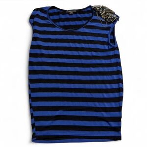 Blue and Black Striped Tank Top with Embellished Shoulder